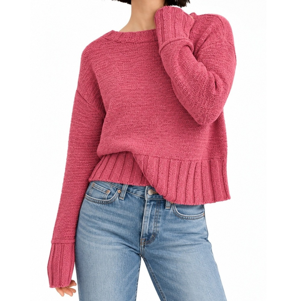 J‎ Crew Wide Ribbed Crewneck Knit Sweater Cotton Blend Barbiecore Pink Small